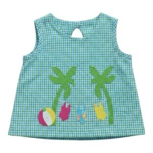 Vintage Greggy Girl Girls 6X Green Gingham Palm Tree Beach Appliqué Cotton Top